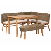 bali & pari Denver Modern Bohemian Natural Seagrass and Acacia Wood 4-Piece Dining Nook Set Baxton Studio restaurant furniture, hotel furniture, commercial furniture, wholesale bar furniture, wholesale dining sets, classic dining sets